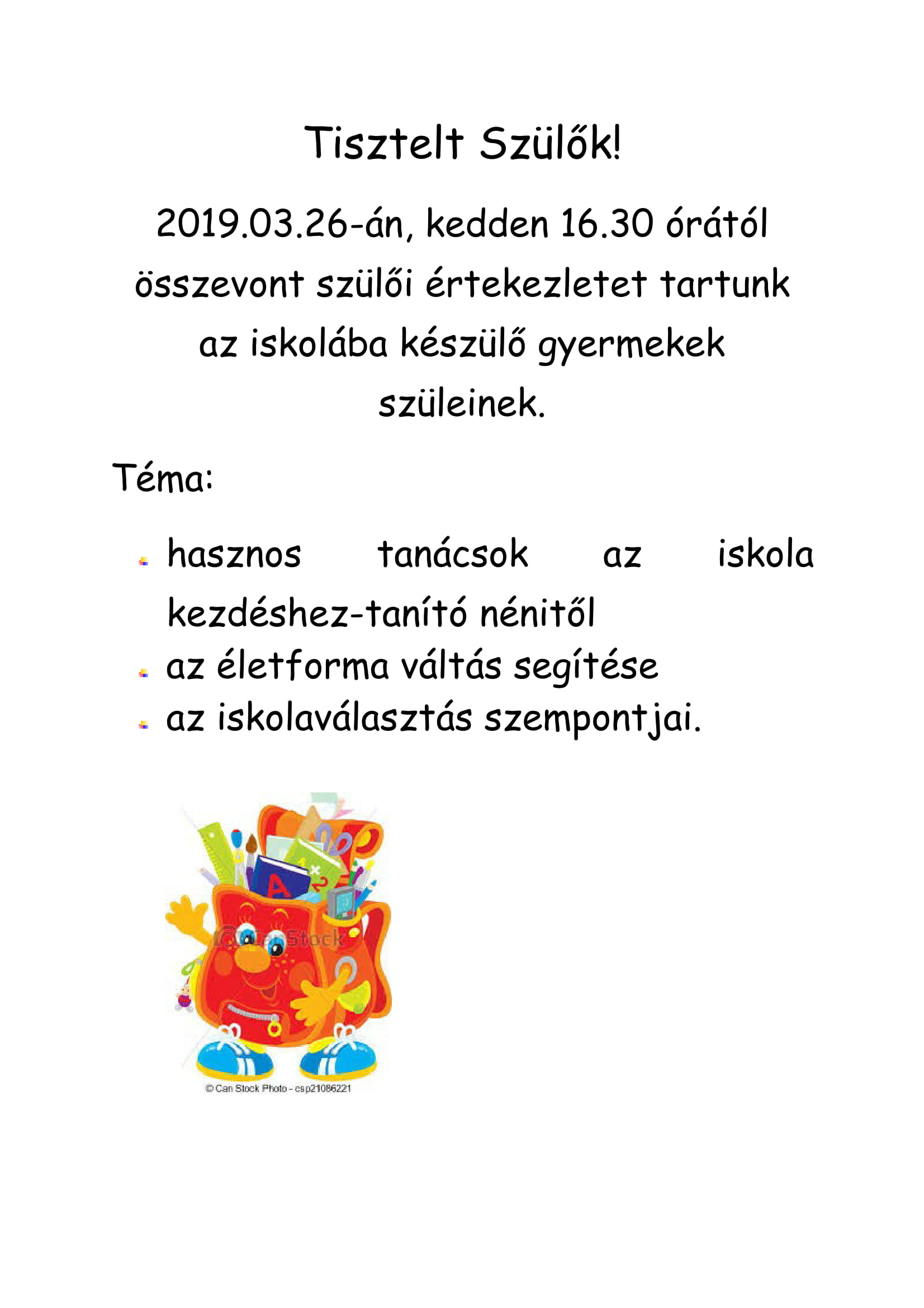 Iskolakezdés szülői értekezlet 2019.-1